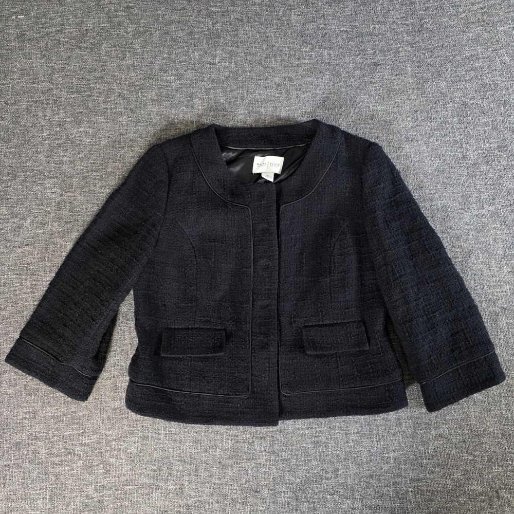 White House Black Market Black Tweed Cropped Cotton Jacket 3/4 Sleeve Size 14